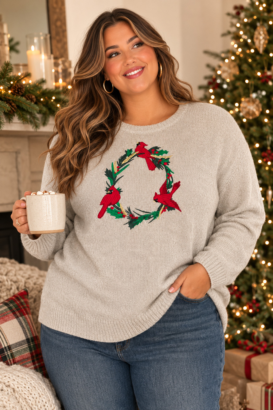 Croft & Barrow Womens Beige Cotton Knit Cardinal Bird Intarsia Sweater, Size 2XL